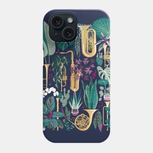 Music to my eyes - oxford navy blue background gold textured musical instruments green indoor plants pink music notes Phone Case