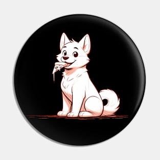 White Dog Eating Pizza Pin