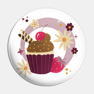 Retro Chocolate Cupcake, Strawberries and flowers Pin