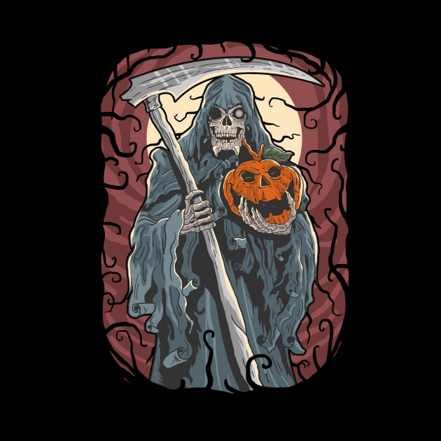 Grim Reaper Holding Pumpkin Art by Halloween Merch