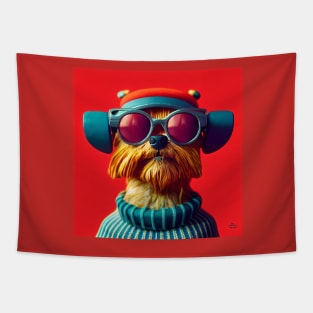 Yorkie wearing hat and cool glasses Tapestry