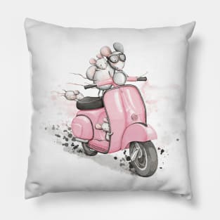 Mice on a classic vintage scooter. White background. Pillow