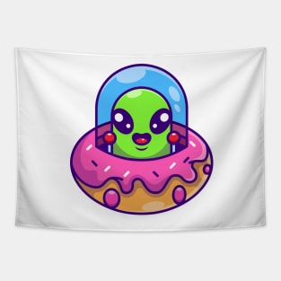 Cute alien flying with spaceship ufo doughnut cartoon Tapestry