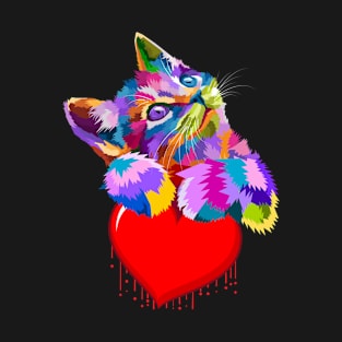 Cute Colorful Cat Hugging Dripping Heart T-Shirt