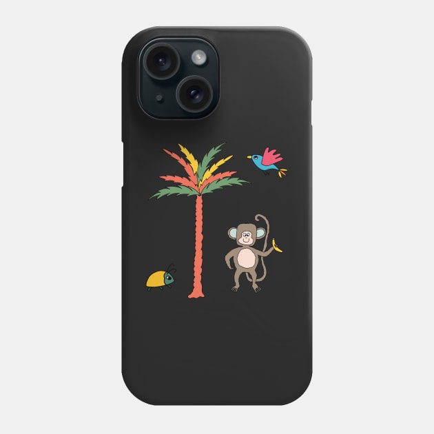 Monkey and banana with tropical bird, beetle and palm tree - kids décor and stickers Phone Case by FrancesPoff
