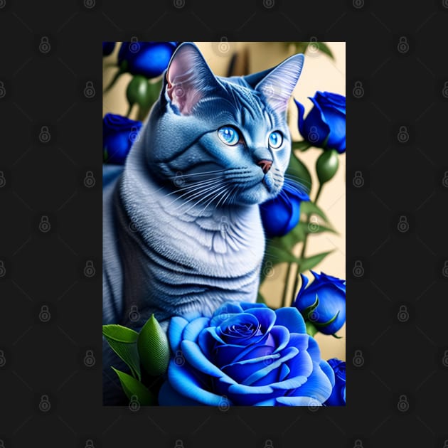 Fine Art Print Featuring a Beautiful British Shorthair and Blue Rose by Enchanted Reverie