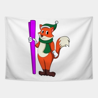 Fox as Skier with Skis and Bobble hat Tapestry