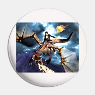 Witch warrior on dragon with flaming magic staff Pin