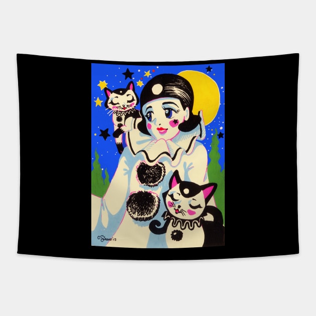 Pierette Pierrot and Kawaii Cats Tapestry by Magenta Arts