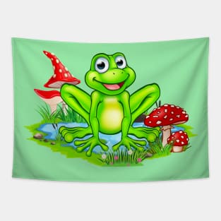 Cute Frog At The Pond And Mushrooms Nature Tapestry