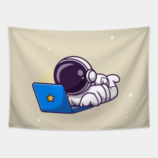 Cute Astronaut Working On Laptop Cartoon Tapestry