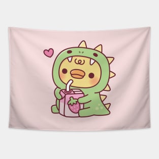 Duck In Cute Dinosaur Costume With Strawberry Milk Tapestry