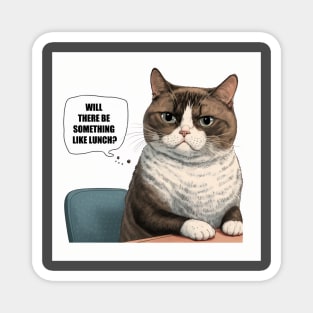 Illustration of cute cat sitting at the table in thought will there be something like lunch Magnet