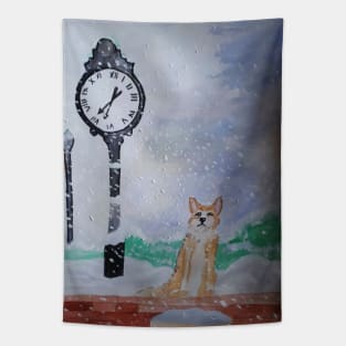 Akita waits on the train station - Watercolour Painting Tapestry