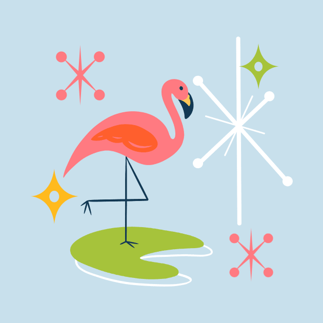 Mid-Century Modern Pink Flamingo with Retro Icons Repeating Pattern by ksrogersdesigns