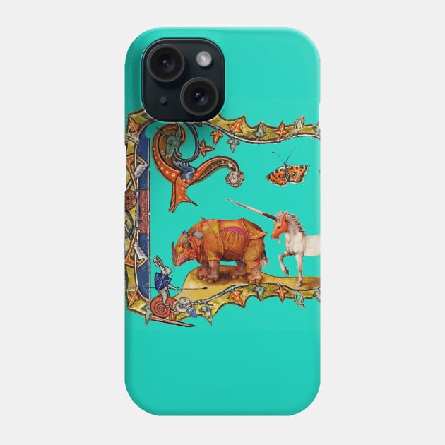 WEIRD MEDIEVAL BESTIARY IN TURQUOISE BLUE, DRAGON,UNICORN ,RHINO AND KILLER RABBIT Phone Case by BulganLumini