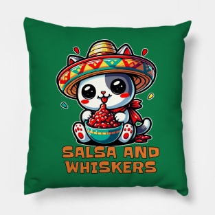 Salsa and Whiskers Cute Kawaii Cat Lover Pillow