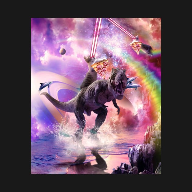 Rainbow Laser Space Cat On Dinosaur Eating Pizza by Random Galaxy