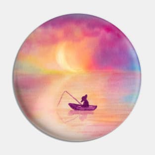 Sleeping fisherman under the moon - watercolor painting Pin
