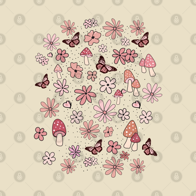 Disover Pink, peach and Blush Pink Flowers Butterflies and Mushrooms Cottagecore Aesthetic - Cottagecore - T-Shirt