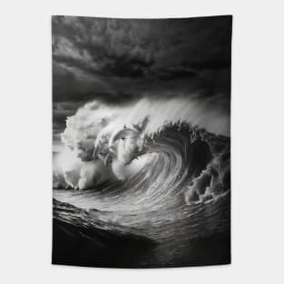 dolphins jumping from a giant wave Tapestry