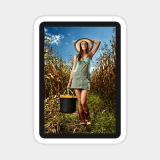 Woman farmer carrying a bucket of corn cobs Magnet