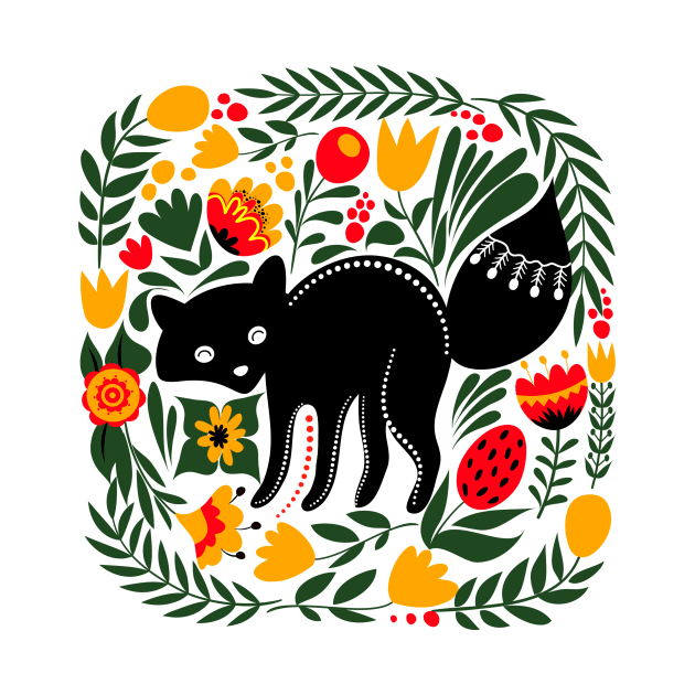 Folk Art Fox with Bright Flowers and Leaves by Pixelchicken