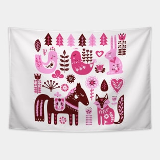 Raspberry And Cream Scandinavian Folk Art Forest Friends Tapestry