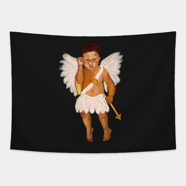 Cupid often wondered whether.... baby angel holding an arrow - In a contemplative pose with curly Afro Hair and gold arrow Tapestry by Artonmytee