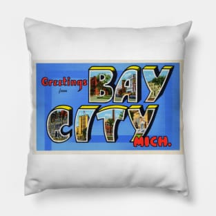 Greetings from Bay City Michigan, Vintage Large Letter Postcard Pillow