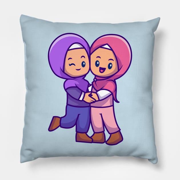 Couple Girl Moslem Celebrating Eid Mubarak Cartoon Pillow by Catalyst Labs