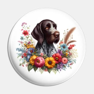 A German Wirehaired Pointer with beautiful colorful flowers Pin