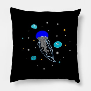 Blue Jelly Fish in dark ocean artwork, lights of jelly fish Pillow