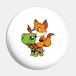 Cartoon - cute fox sitting on turtle Pin