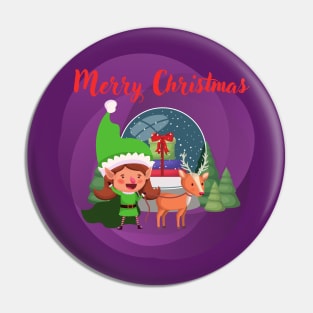 Snow globe, santa elf and reindeer Pin