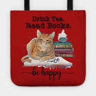 Cat Drink Tea Read Books Be Happy Tote