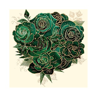 Green and Gold Glam Roses Pattern T-Shirt