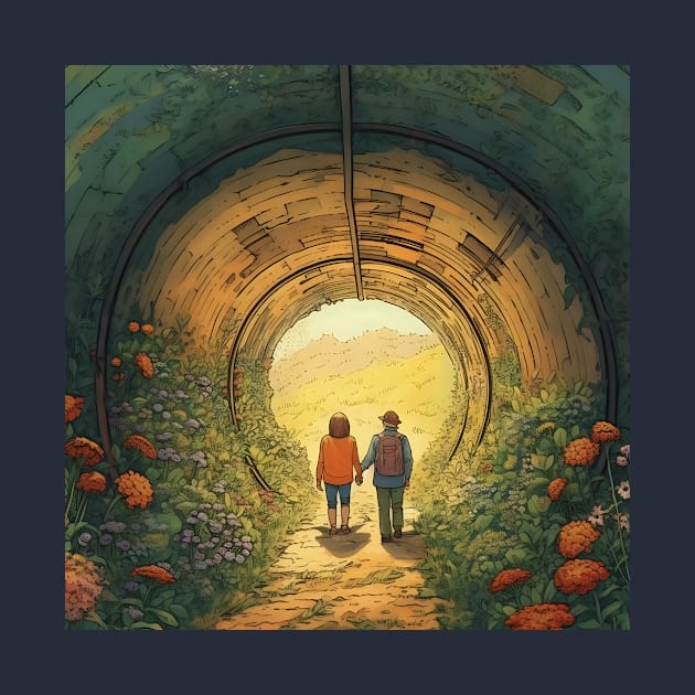 Tunnel of Love, Ukraine cartoon illustration. Back view of happy couple holding hands by KOTYA