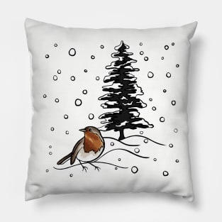 Robin and Snow Covered Trees Digital Illustration Pillow