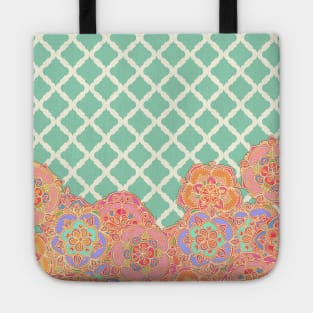 Floral Doodle on Mint Moroccan Lattice Tote
