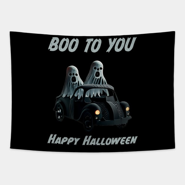 Boo to You 2 Ghosts in a Car for Halloween Parade Tapestry by FrogAndToadsWorkshop