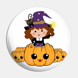 Cute little halloween witch with pumpkin and black cat Pin