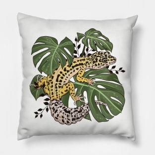 Leopard Gecko and Monstera deliciosa Pillow