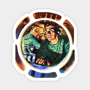REVISTANGO #33 - Two Space Navigators Listening to Cosmic Signals Inside Circular Control Room Bathed in Blue and Amber Light in 1950s Vintage Sci-Fi Pulp Illustration Magnet
