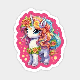 Majestic Harmony: Beautiful Unicorn with Colorful Flowing Mane and Flowers Design Magnet