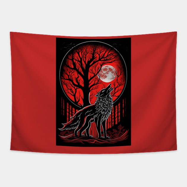 Blood Moon Wolf - Howling Wolf For Wolf Lovers  Howling At The Moon Tapestry by RetroZin