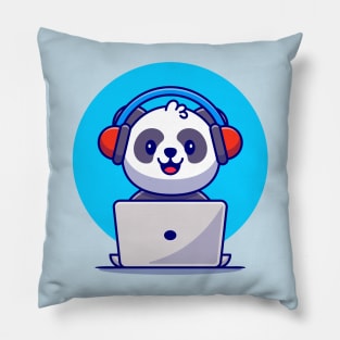 Cute Panda Listening Music With Headphone And Laptop Cartoon Pillow