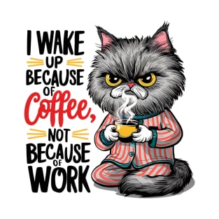 cat and coffee - I wake up because of coffee not because of work T-Shirt