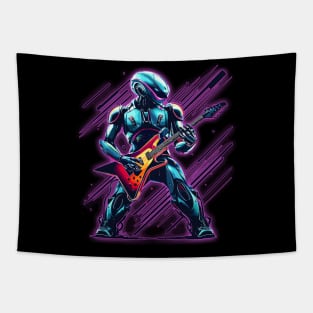 A Heavy Metal Rock and Roll Robot Plays Lead Guitar with Purple Laser Background Tapestry