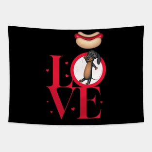 Funny Doxie Dog with hotdog balloons on a Dachshund Love tee Tapestry